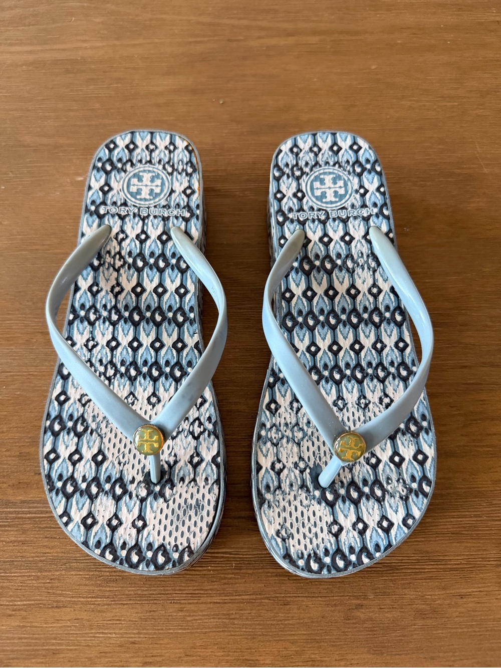 Tory Burch Light Blue Strappy Logo Flip Flops
